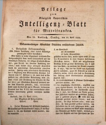 Königlich Bayerisches Intelligenzblatt für Mittelfranken (Ansbacher Intelligenz-Zeitung) Samstag 20. April 1839