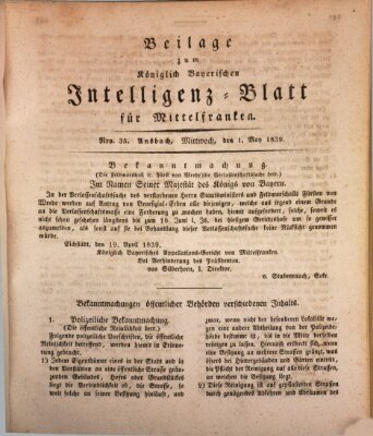 Königlich Bayerisches Intelligenzblatt für Mittelfranken (Ansbacher Intelligenz-Zeitung) Mittwoch 1. Mai 1839