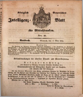 Königlich Bayerisches Intelligenzblatt für Mittelfranken (Ansbacher Intelligenz-Zeitung) Mittwoch 15. Mai 1839