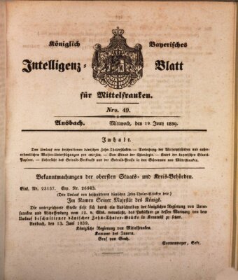 Königlich Bayerisches Intelligenzblatt für Mittelfranken (Ansbacher Intelligenz-Zeitung) Mittwoch 19. Juni 1839