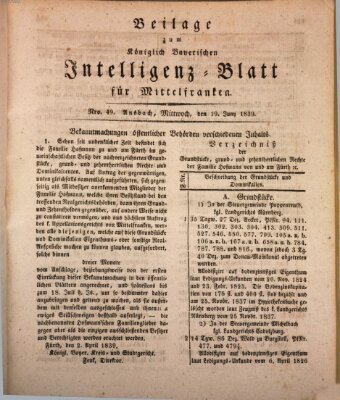 Königlich Bayerisches Intelligenzblatt für Mittelfranken (Ansbacher Intelligenz-Zeitung) Mittwoch 19. Juni 1839