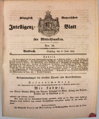 Königlich Bayerisches Intelligenzblatt für Mittelfranken (Ansbacher Intelligenz-Zeitung) Samstag 29. Juni 1839