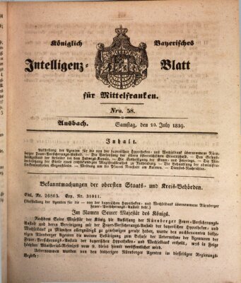 Königlich Bayerisches Intelligenzblatt für Mittelfranken (Ansbacher Intelligenz-Zeitung) Samstag 20. Juli 1839