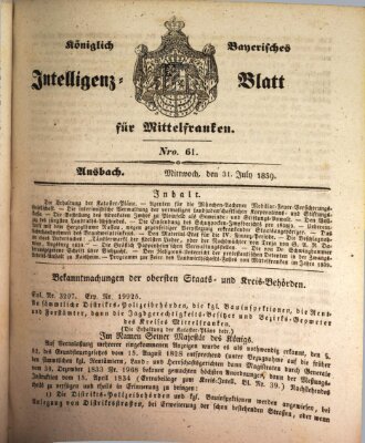 Königlich Bayerisches Intelligenzblatt für Mittelfranken (Ansbacher Intelligenz-Zeitung) Mittwoch 31. Juli 1839