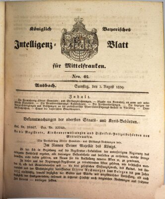 Königlich Bayerisches Intelligenzblatt für Mittelfranken (Ansbacher Intelligenz-Zeitung) Samstag 3. August 1839