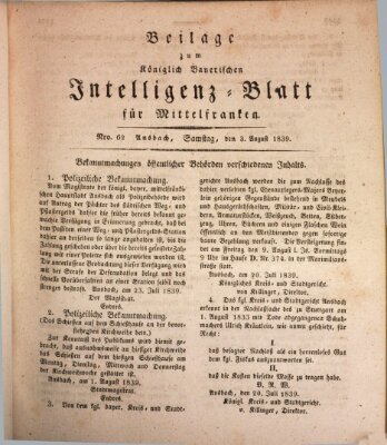 Königlich Bayerisches Intelligenzblatt für Mittelfranken (Ansbacher Intelligenz-Zeitung) Samstag 3. August 1839