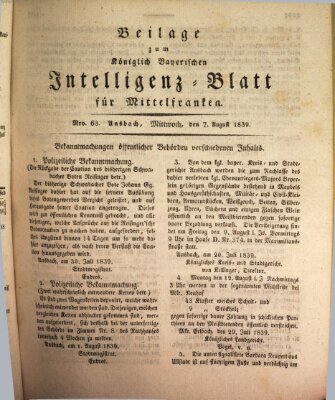 Königlich Bayerisches Intelligenzblatt für Mittelfranken (Ansbacher Intelligenz-Zeitung) Mittwoch 7. August 1839