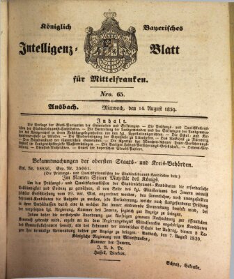 Königlich Bayerisches Intelligenzblatt für Mittelfranken (Ansbacher Intelligenz-Zeitung) Mittwoch 14. August 1839