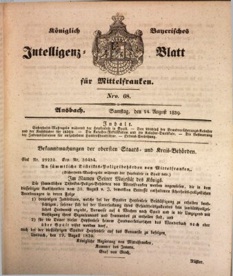 Königlich Bayerisches Intelligenzblatt für Mittelfranken (Ansbacher Intelligenz-Zeitung) Samstag 24. August 1839