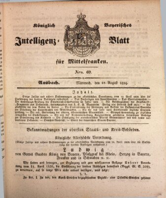 Königlich Bayerisches Intelligenzblatt für Mittelfranken (Ansbacher Intelligenz-Zeitung) Mittwoch 28. August 1839