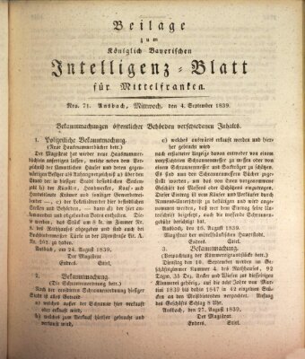 Königlich Bayerisches Intelligenzblatt für Mittelfranken (Ansbacher Intelligenz-Zeitung) Mittwoch 4. September 1839