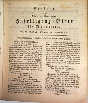 Königlich Bayerisches Intelligenzblatt für Mittelfranken (Ansbacher Intelligenz-Zeitung) Samstag 7. September 1839