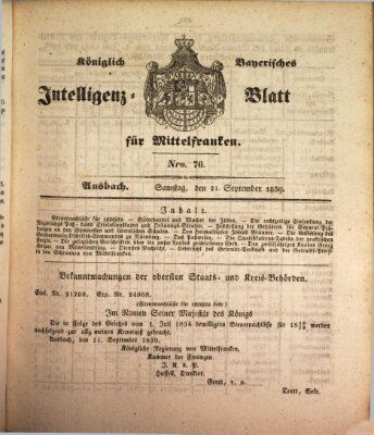 Königlich Bayerisches Intelligenzblatt für Mittelfranken (Ansbacher Intelligenz-Zeitung) Samstag 21. September 1839