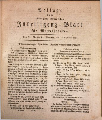 Königlich Bayerisches Intelligenzblatt für Mittelfranken (Ansbacher Intelligenz-Zeitung) Samstag 21. September 1839