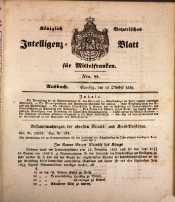 Königlich Bayerisches Intelligenzblatt für Mittelfranken (Ansbacher Intelligenz-Zeitung) Samstag 12. Oktober 1839