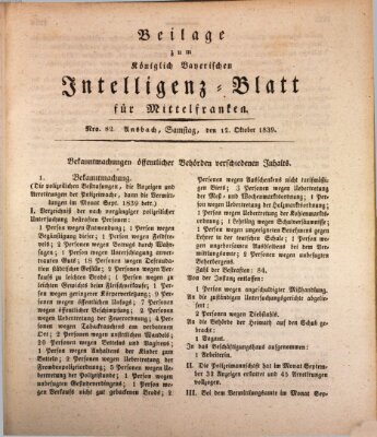 Königlich Bayerisches Intelligenzblatt für Mittelfranken (Ansbacher Intelligenz-Zeitung) Samstag 12. Oktober 1839