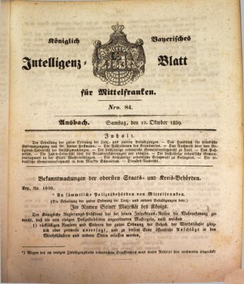 Königlich Bayerisches Intelligenzblatt für Mittelfranken (Ansbacher Intelligenz-Zeitung) Samstag 19. Oktober 1839