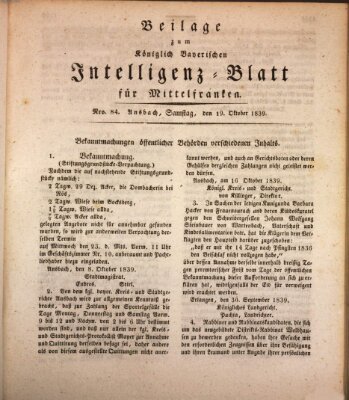 Königlich Bayerisches Intelligenzblatt für Mittelfranken (Ansbacher Intelligenz-Zeitung) Samstag 19. Oktober 1839