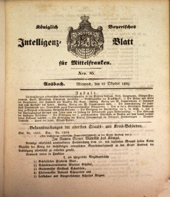 Königlich Bayerisches Intelligenzblatt für Mittelfranken (Ansbacher Intelligenz-Zeitung) Mittwoch 23. Oktober 1839