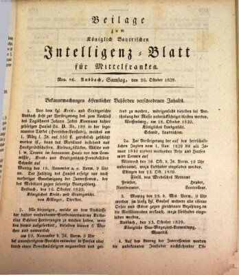 Königlich Bayerisches Intelligenzblatt für Mittelfranken (Ansbacher Intelligenz-Zeitung) Samstag 26. Oktober 1839