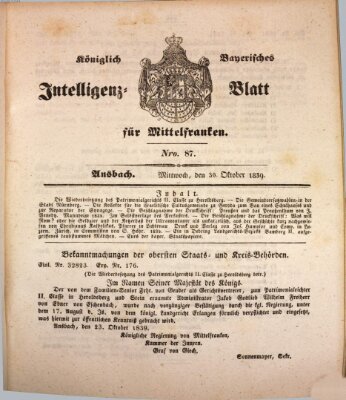 Königlich Bayerisches Intelligenzblatt für Mittelfranken (Ansbacher Intelligenz-Zeitung) Mittwoch 30. Oktober 1839