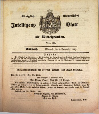 Königlich Bayerisches Intelligenzblatt für Mittelfranken (Ansbacher Intelligenz-Zeitung) Mittwoch 6. November 1839