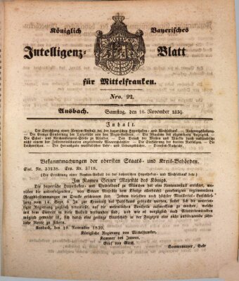 Königlich Bayerisches Intelligenzblatt für Mittelfranken (Ansbacher Intelligenz-Zeitung) Samstag 16. November 1839