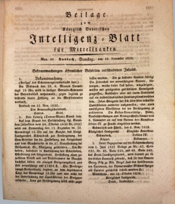 Königlich Bayerisches Intelligenzblatt für Mittelfranken (Ansbacher Intelligenz-Zeitung) Samstag 16. November 1839