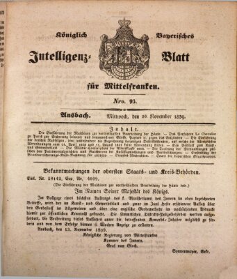 Königlich Bayerisches Intelligenzblatt für Mittelfranken (Ansbacher Intelligenz-Zeitung) Mittwoch 20. November 1839