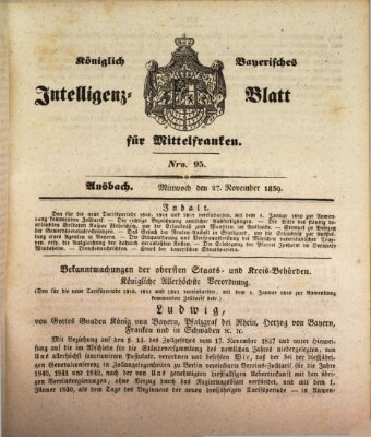 Königlich Bayerisches Intelligenzblatt für Mittelfranken (Ansbacher Intelligenz-Zeitung) Mittwoch 27. November 1839