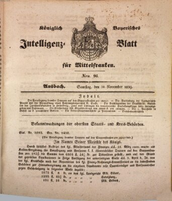 Königlich Bayerisches Intelligenzblatt für Mittelfranken (Ansbacher Intelligenz-Zeitung) Samstag 30. November 1839