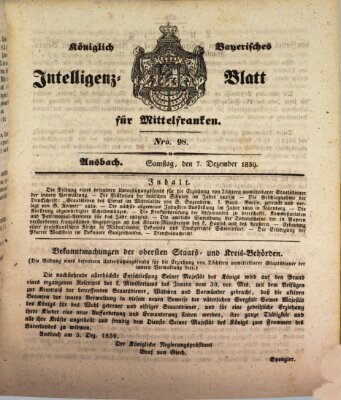 Königlich Bayerisches Intelligenzblatt für Mittelfranken (Ansbacher Intelligenz-Zeitung) Samstag 7. Dezember 1839