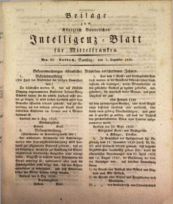 Königlich Bayerisches Intelligenzblatt für Mittelfranken (Ansbacher Intelligenz-Zeitung) Samstag 7. Dezember 1839