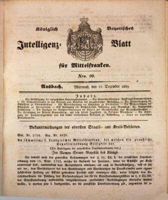 Königlich Bayerisches Intelligenzblatt für Mittelfranken (Ansbacher Intelligenz-Zeitung) Mittwoch 11. Dezember 1839