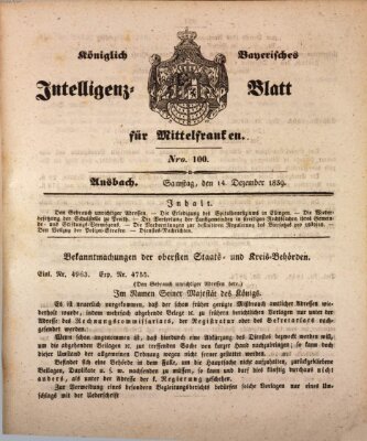 Königlich Bayerisches Intelligenzblatt für Mittelfranken (Ansbacher Intelligenz-Zeitung) Samstag 14. Dezember 1839