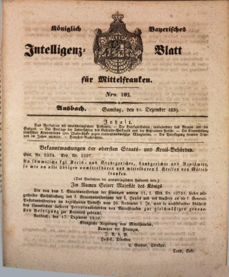 Königlich Bayerisches Intelligenzblatt für Mittelfranken (Ansbacher Intelligenz-Zeitung) Samstag 21. Dezember 1839