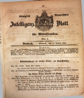 Königlich Bayerisches Intelligenzblatt für Mittelfranken (Ansbacher Intelligenz-Zeitung) Mittwoch 17. Januar 1849