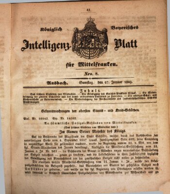 Königlich Bayerisches Intelligenzblatt für Mittelfranken (Ansbacher Intelligenz-Zeitung) Samstag 27. Januar 1849