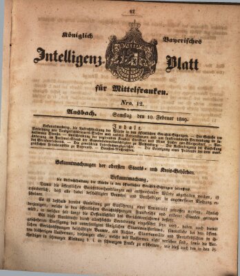 Königlich Bayerisches Intelligenzblatt für Mittelfranken (Ansbacher Intelligenz-Zeitung) Samstag 10. Februar 1849