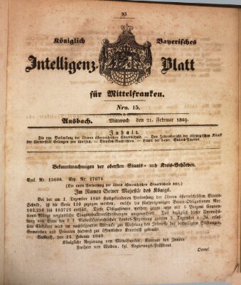 Königlich Bayerisches Intelligenzblatt für Mittelfranken (Ansbacher Intelligenz-Zeitung) Mittwoch 21. Februar 1849