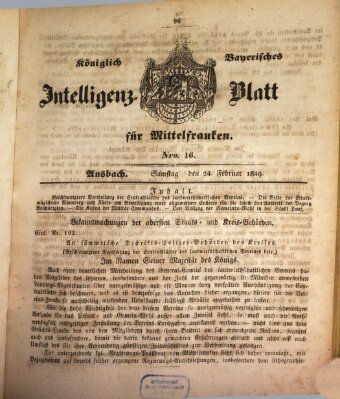 Königlich Bayerisches Intelligenzblatt für Mittelfranken (Ansbacher Intelligenz-Zeitung) Samstag 24. Februar 1849