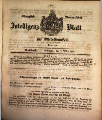 Königlich Bayerisches Intelligenzblatt für Mittelfranken (Ansbacher Intelligenz-Zeitung) Mittwoch 7. März 1849