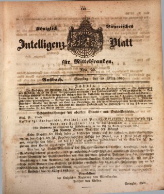 Königlich Bayerisches Intelligenzblatt für Mittelfranken (Ansbacher Intelligenz-Zeitung) Samstag 10. März 1849