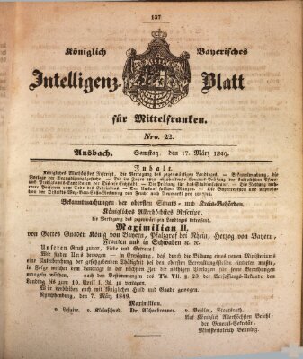 Königlich Bayerisches Intelligenzblatt für Mittelfranken (Ansbacher Intelligenz-Zeitung) Samstag 17. März 1849