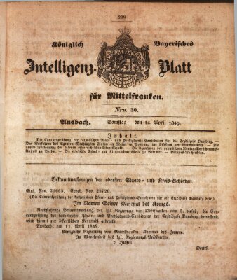 Königlich Bayerisches Intelligenzblatt für Mittelfranken (Ansbacher Intelligenz-Zeitung) Samstag 14. April 1849