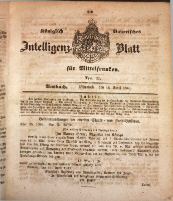 Königlich Bayerisches Intelligenzblatt für Mittelfranken (Ansbacher Intelligenz-Zeitung) Mittwoch 18. April 1849