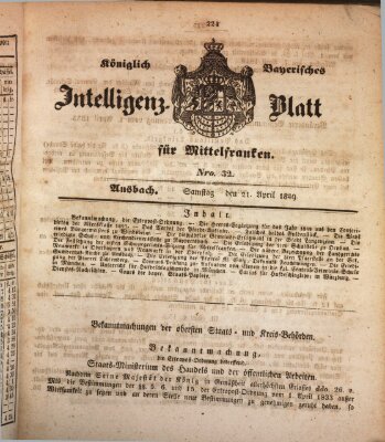 Königlich Bayerisches Intelligenzblatt für Mittelfranken (Ansbacher Intelligenz-Zeitung) Samstag 21. April 1849