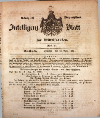 Königlich Bayerisches Intelligenzblatt für Mittelfranken (Ansbacher Intelligenz-Zeitung) Samstag 28. April 1849