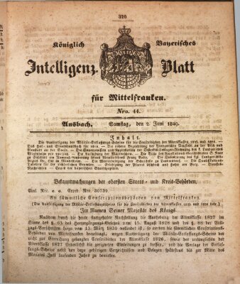 Königlich Bayerisches Intelligenzblatt für Mittelfranken (Ansbacher Intelligenz-Zeitung) Samstag 2. Juni 1849