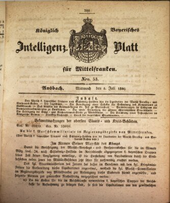 Königlich Bayerisches Intelligenzblatt für Mittelfranken (Ansbacher Intelligenz-Zeitung) Mittwoch 4. Juli 1849